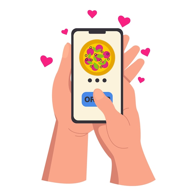 Illustration of two hands holding a phone ordering a pizza delivery Vector graphic