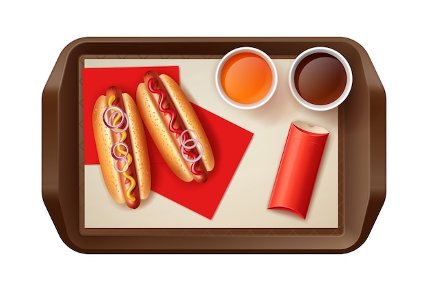 Vector illustration of two hot dogs with drinks and roast pasty in red box