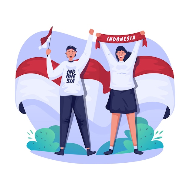独立記念日を祝う2人のインドネシアの若者のイラスト