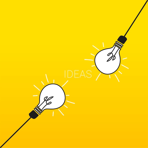 노란색 배경에 두 개의 전구 그림. 아이디어를 생성하는 팀워크의 개념.