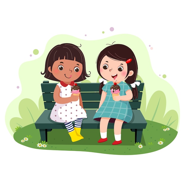 벤치에 아이스크림을 먹는 두 어린 소녀의 그림.