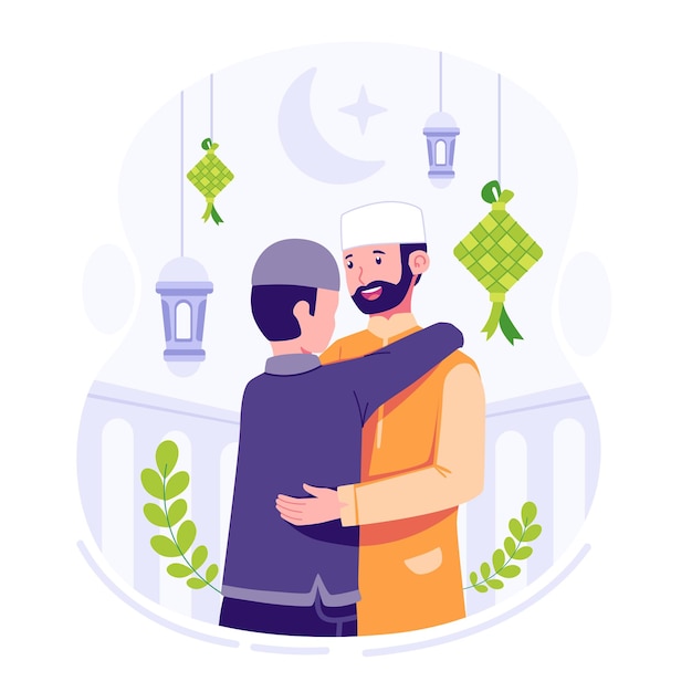 Illustration of two men hugging each other in front of a mosque