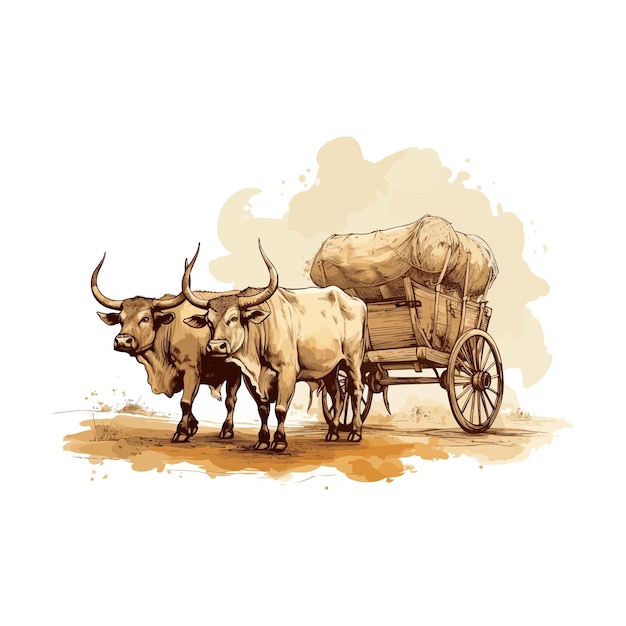 An illustration of two oxen pulling a cart