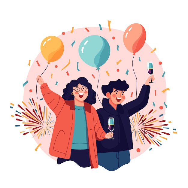 Vector illustration of two people celebrating with balloons and fireworks in the background