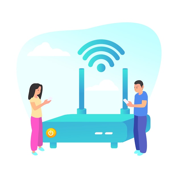 Vector illustration of two people using a wifi router isolated on white background