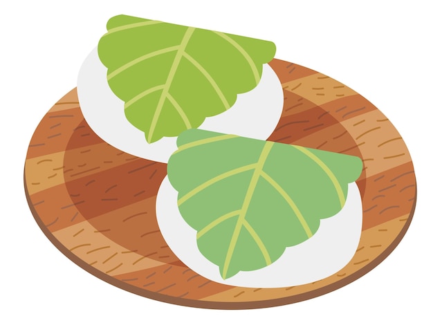 Illustration of two rice cakes containing bean jam wrapped in an oak leaf of Children's Day
