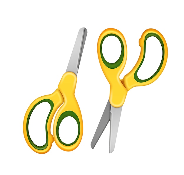  illustration of two safety scissors for children in yellow color. Isolated on white background