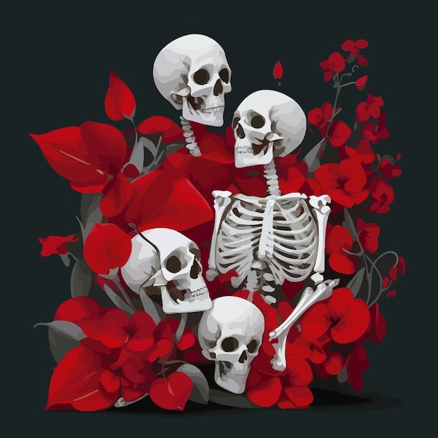 illustration Two skeletons laying in red flowers