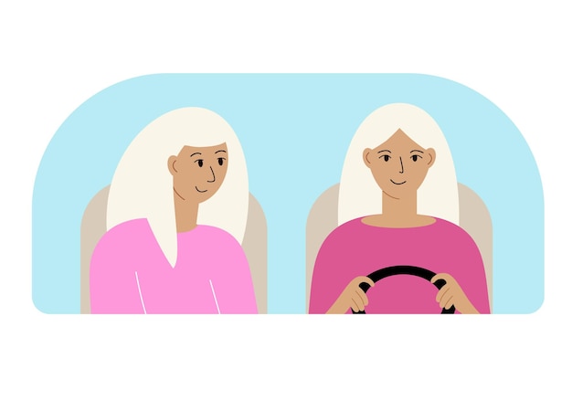 Vector illustration of two women in the car behind the windshield.