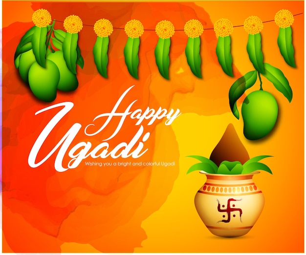 Illustration Of Ugadi With decorated Kalash with Typographical Happy Ugadi festival gudi padwa Vector Illustration