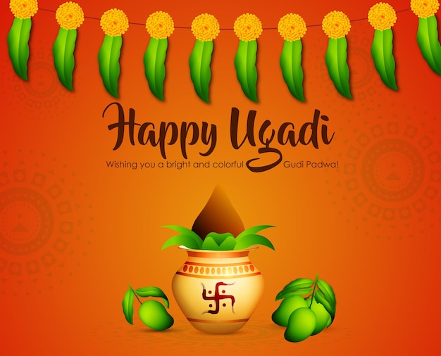 Illustration Of Ugadi With decorated Kalash with Typographical Happy Ugadi festival gudi padwa Vector Illustration