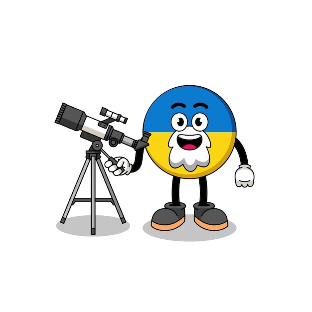 Illustration of ukraine flag mascot as an astronomer character design
