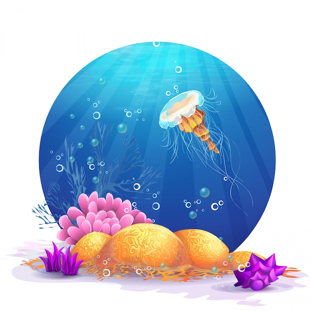 Иллюстрация подводных скал с водорослями и рыбой