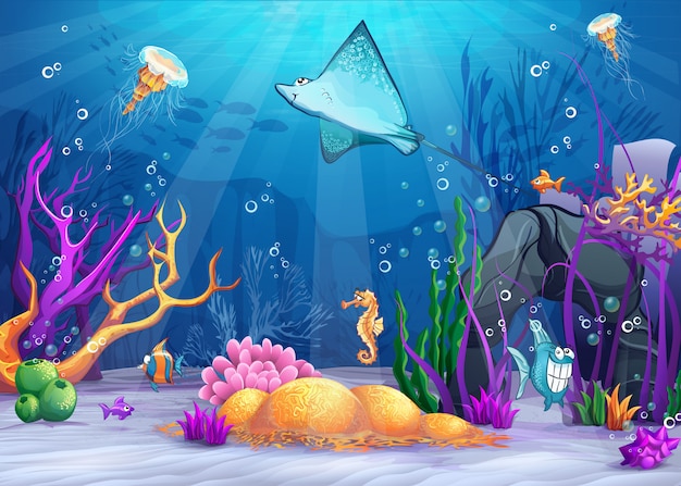 Vector illustration of the underwater world with a funny fish and fish ramp