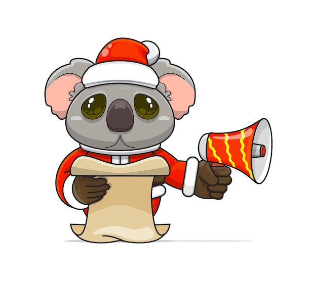 Vettore illustrazione di un koala umanoide unico che indossa un costume con in mano un megafono e legge il copione