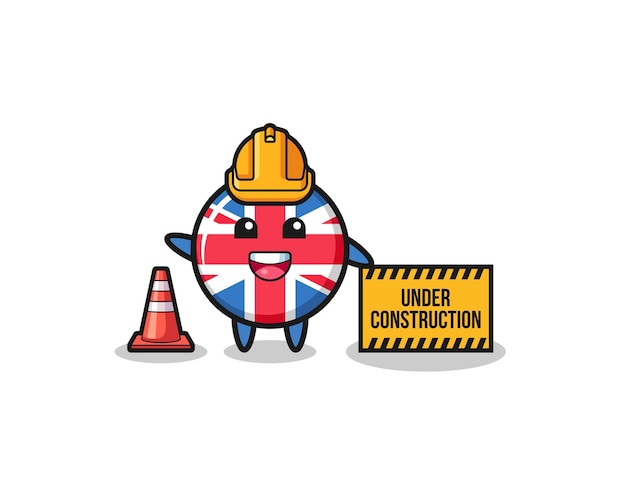 Vector illustration of united kingdom flag with under construction banner , cute design