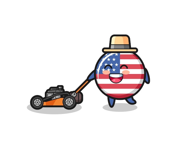 Illustration of the united states flag badge character using lawn mower , cute style design for t shirt, sticker, logo element