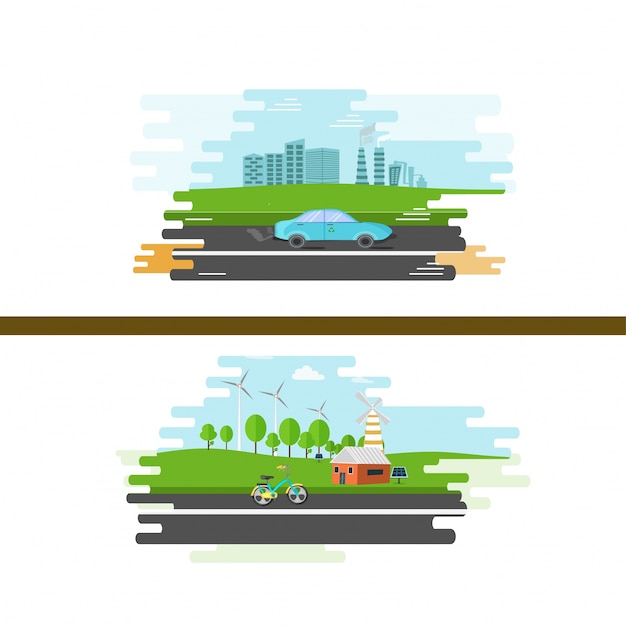 Illustrazione della vista urbana e campagna per l'ecologia.