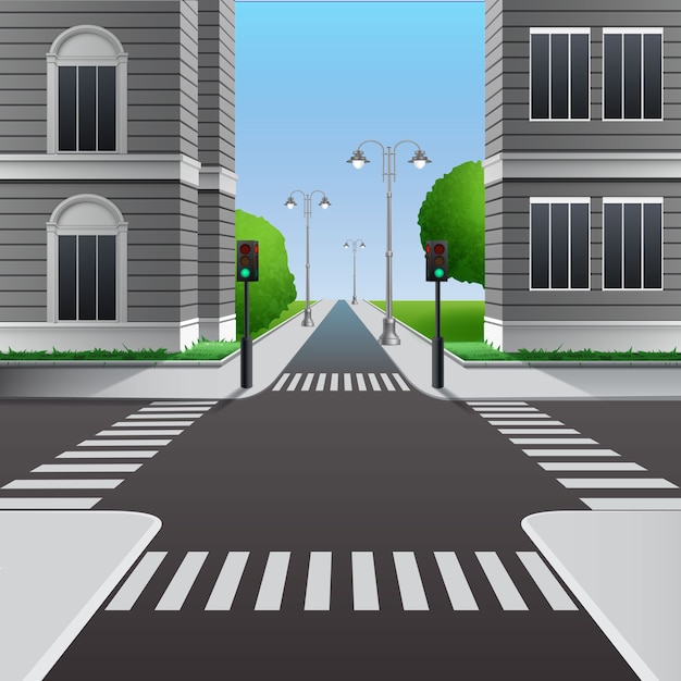 illustration of urban crossroads with traffic lights and street crosswalk