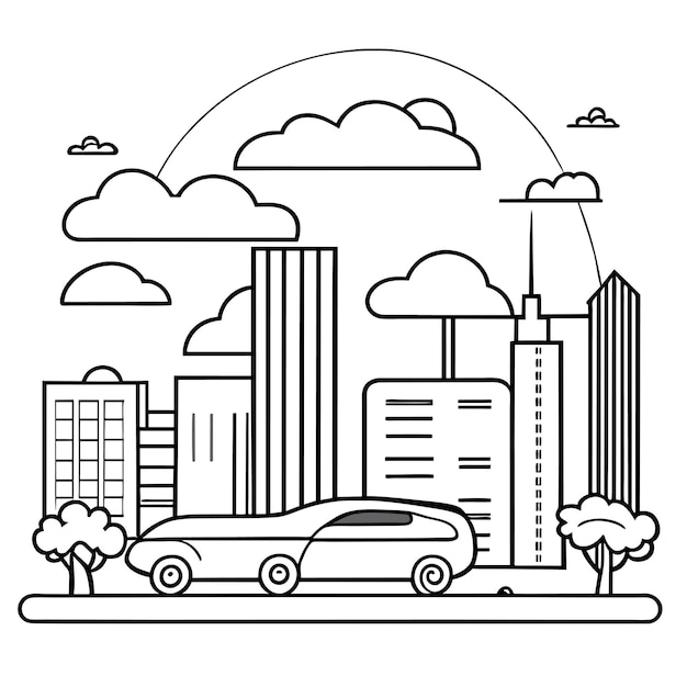 Illustration of an urban landscape with large modern buildings and cars