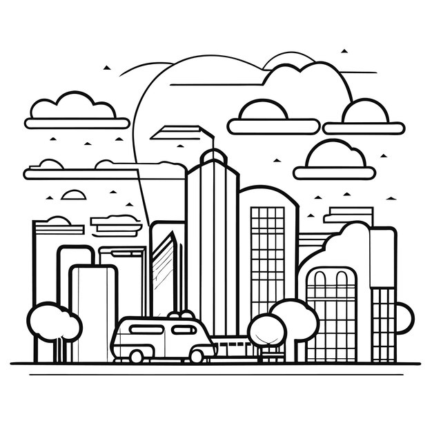 Vector illustration of an urban landscape with large modern buildings and cars