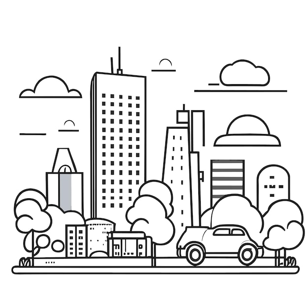 illustration of an urban landscape with large modern buildings and cars