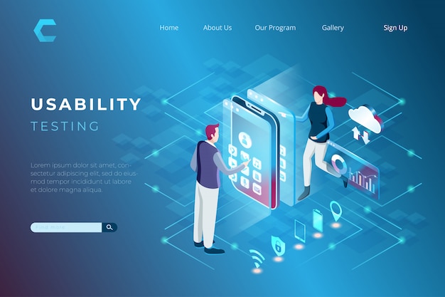 Illustration of usability testing in technology development in isometric 3d style