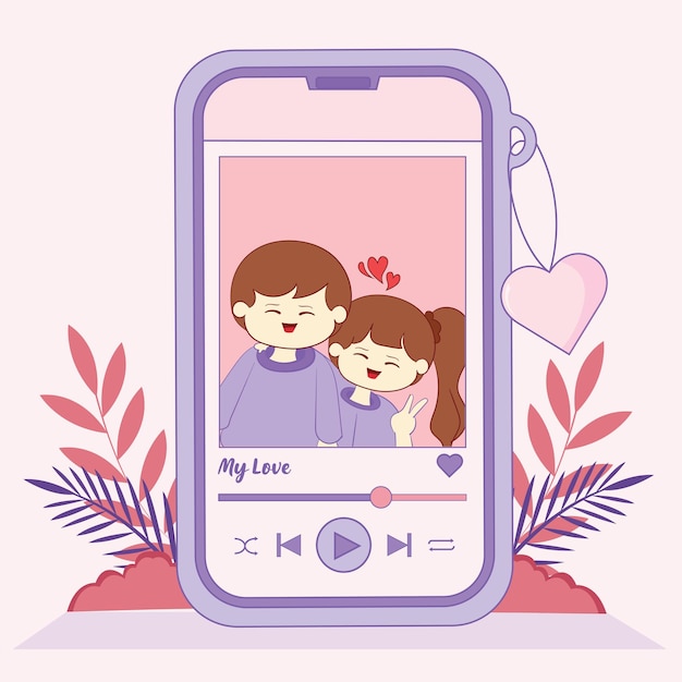 Illustration of valentine cell phone with romantic music