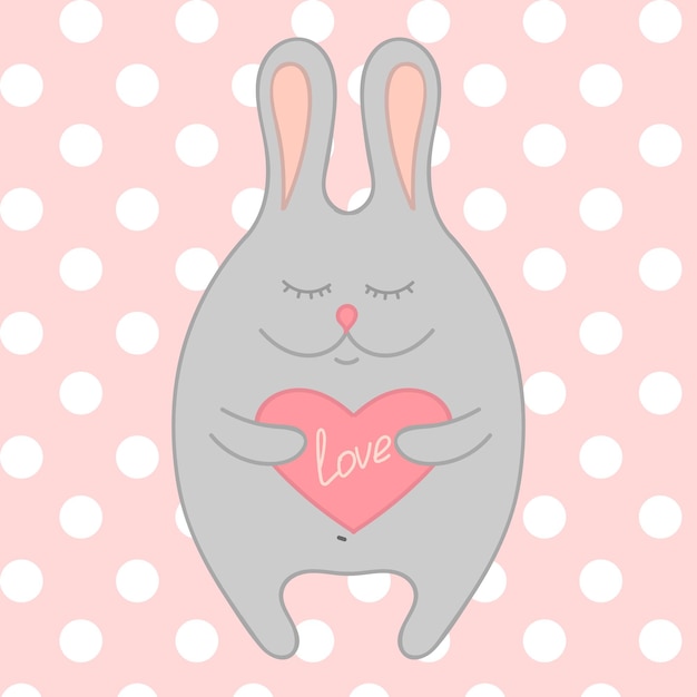 Vector illustration for valentine's day. cute rabbit with a heart. pink pea background. vector illustration.