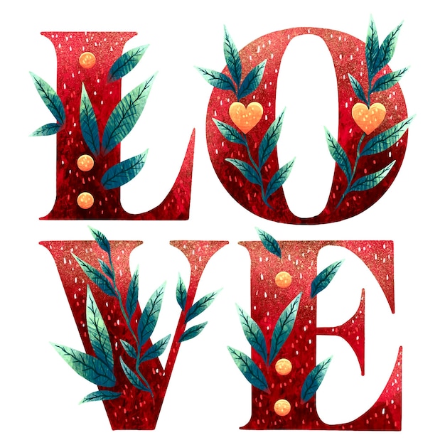 Vector illustration for valentine's day inscription love with sprouting twigs and flowers through it