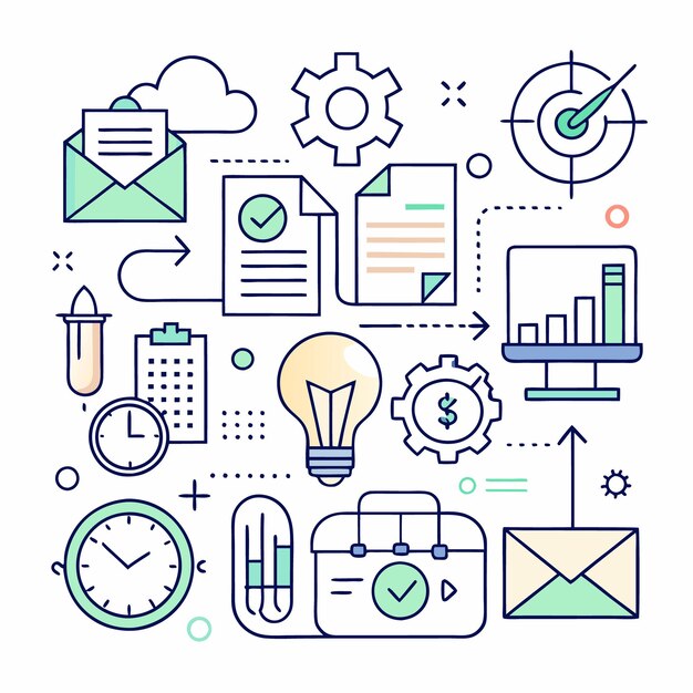 Illustration of various business elements connected in a workflow