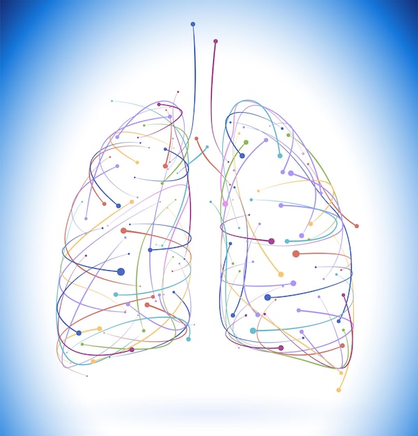 L'illustrazione di varie strisce e punti colorati disposti a formare la forma di un polmone umano conferisce un aspetto moderno, dinamico e moderatamente tecnologico