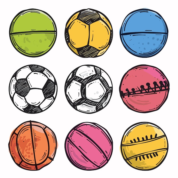 Illustration various sports balls handdrawn different colors Collection includes basketball