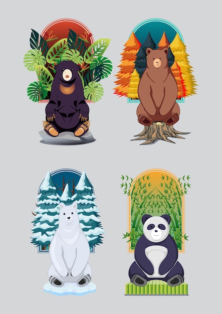 Illustration of various types of bears in one set with their habitat background