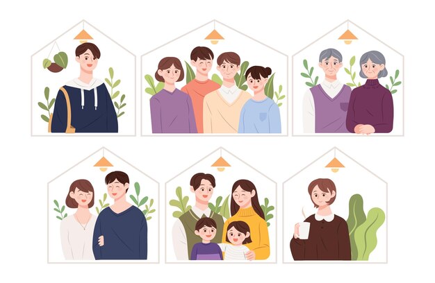 Vector illustration of various types of families single nuclear family newlyweds old couples