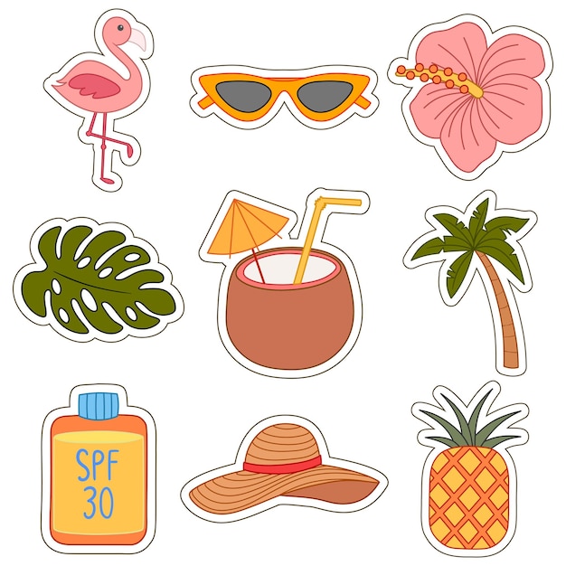 Vector illustration of various types of summer holiday themed stickers cute and adorable item sets