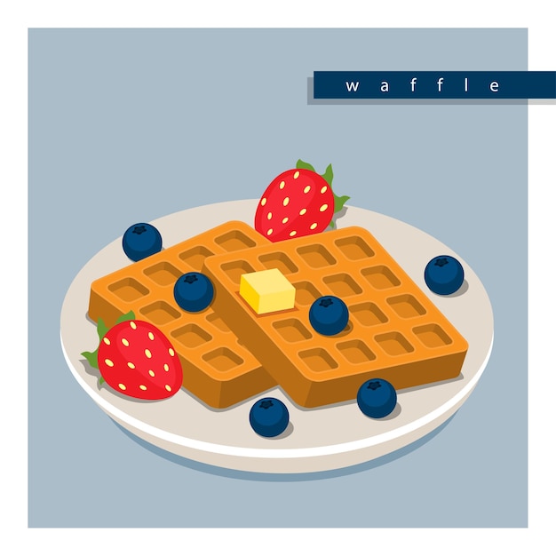 Vector illustration vector 3d isometric flat design of butter waffles with strawberries and blueberries on white plate.