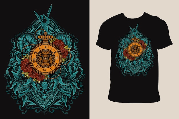 Vector illustration vector antique clock with vintage engraving ornament frame on t shirt mockup