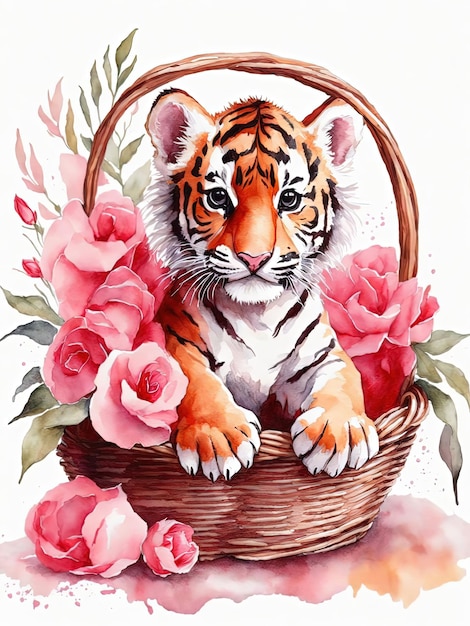 Vettore illustrazione vettore bellissimo cucciolo di animale al cesto di legno con fiore