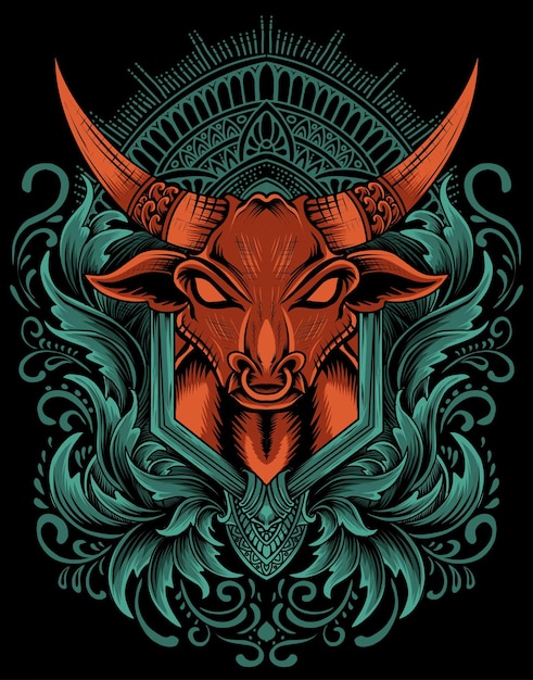 illustration vector bull head with vintage engraving ornament.