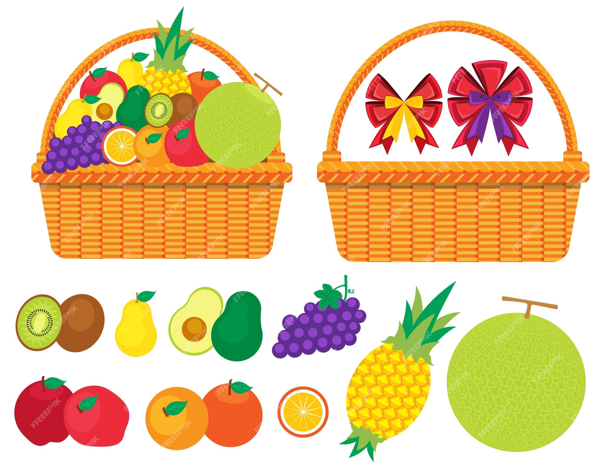 Premium Vector | Illustration vector cartoon flat of set fruit in basket for giving gift or present Premium Vector | Illustration vector cartoon flat of set fruit in basket for giving gift or present
