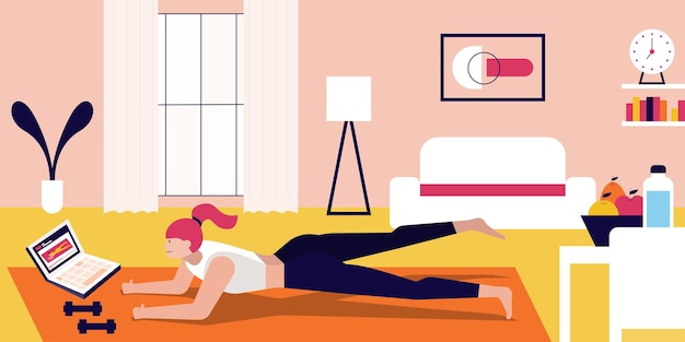 Illustration vector cartoon flat of woman workout at home with laptop on floor