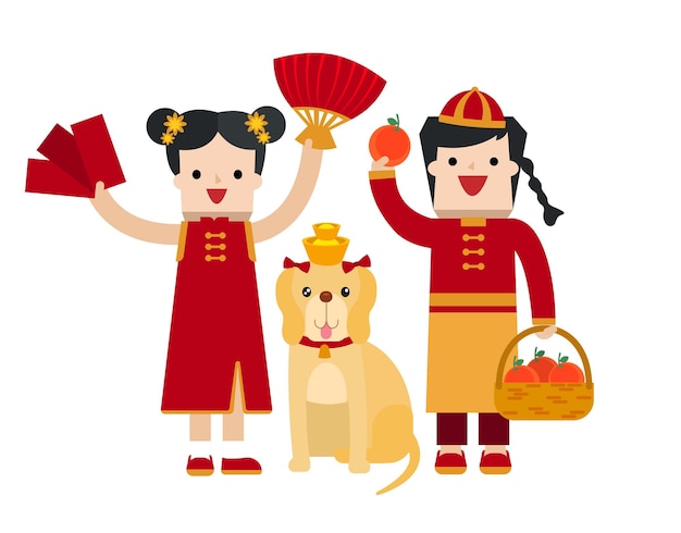 ベクトル 犬と中国のかわいい子供キャラクターのイラストベクトル漫画