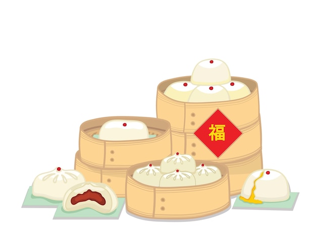 Illustration vector chinese food and dessert on round crate\
bamboo