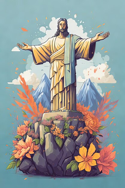 illustration vector country land mark famous world statue with flag and flowers