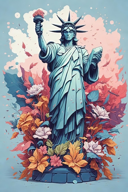 Illustrazione vettore paese terra marchio famosa statua del mondo con bandiera e fiori