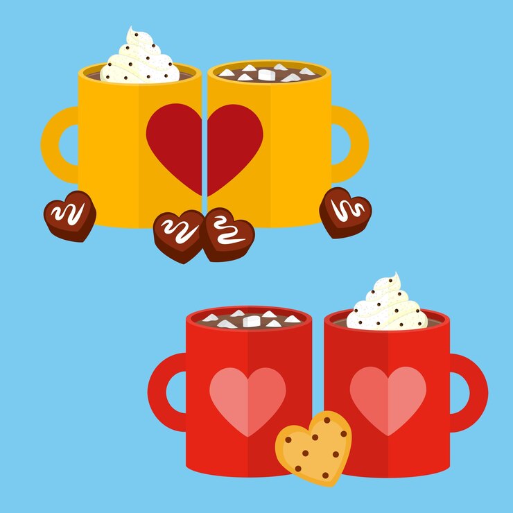 Vector illustration vector couple mug of hot chocolate and piece of bite size heart shaped chocolate