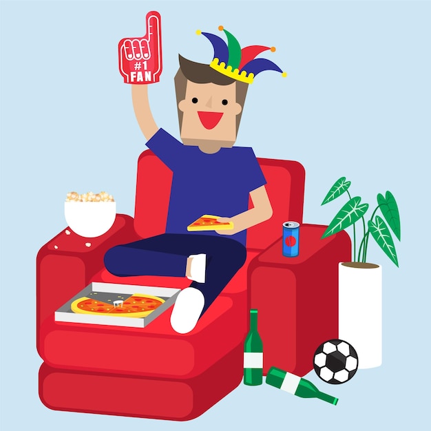 Illustration vector cute flat cartoon young man fans football watching sport and cheering at home