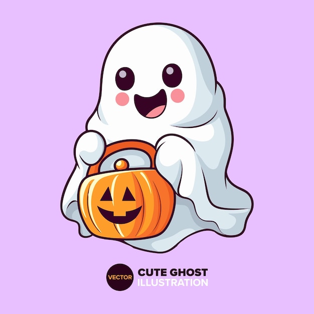 Illustration vector cute ghost holding candy basket pumpkin cartoon illustration