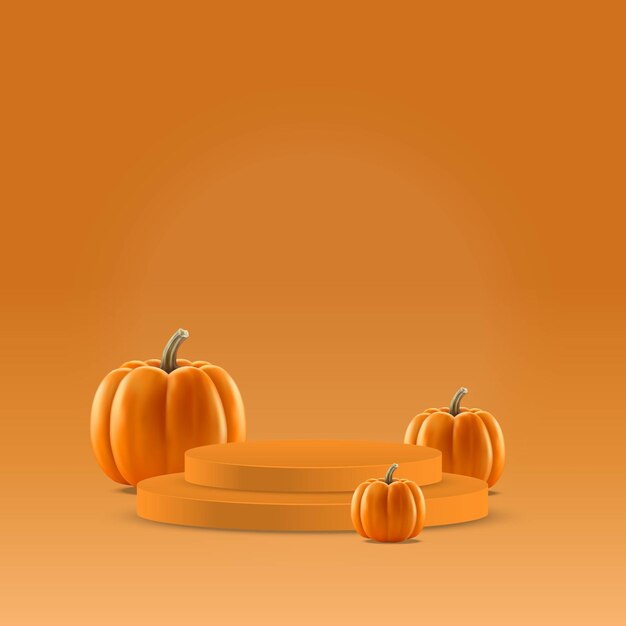 Illustration vector design of hello autumn background with orange pumpkins and product podium